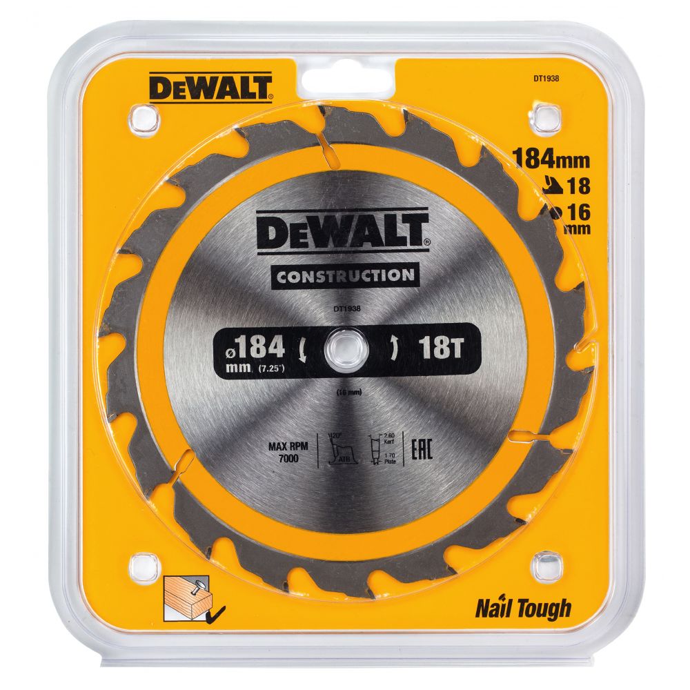 Пильный диск DEWALT DT1938, CONSTRUCTION по дереву с гвоздями 184/16, 18 ATB +20°