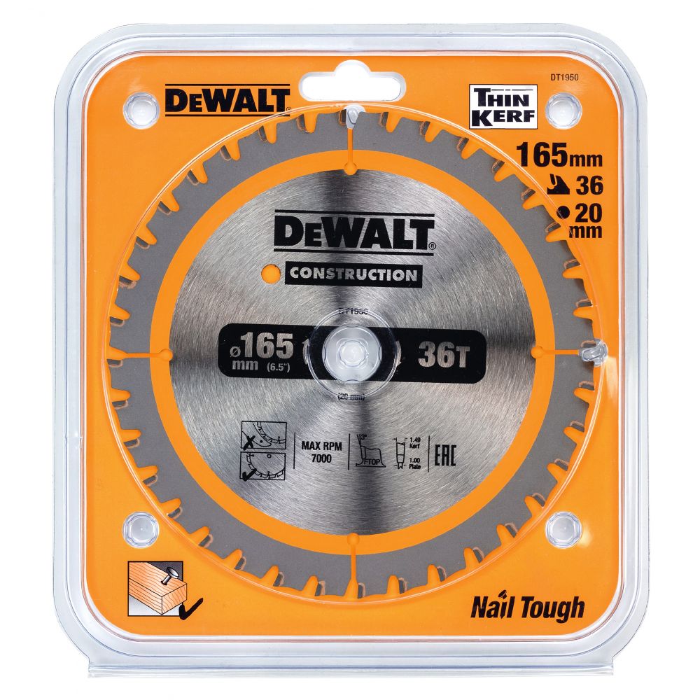 Пильный диск DEWALT DT1950, CONSTRUCTION по дереву с гвоздями 165/20, 36 FTG +3°