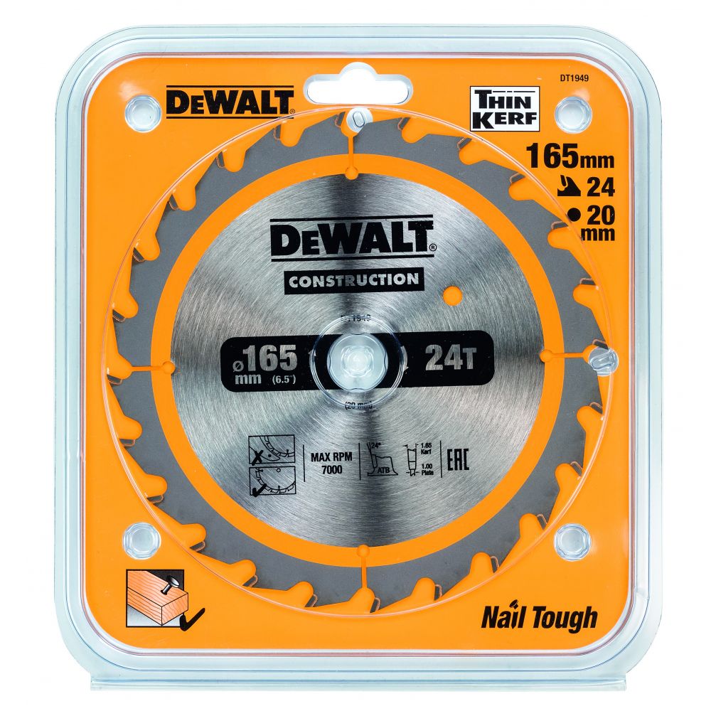 Пильный диск DEWALT DT1949, CONSTRUCTION по дереву с гвоздями 165/20, 24 ATB +24°